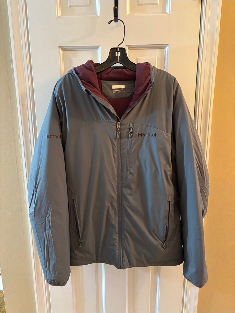 Marmot Men's Hooded Performance Jacket in Gray with Burgundy Hood Lining